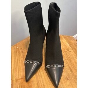 Cosy Island Black Knit Sock Boots Pointed Toe Chain Detail Kitten Heel 7.5